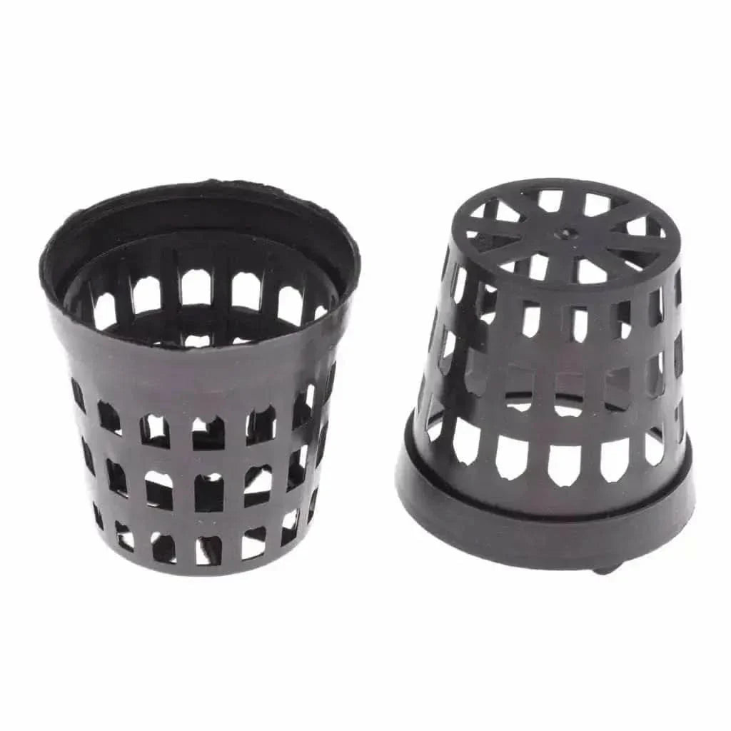 Two black plastic net pots.