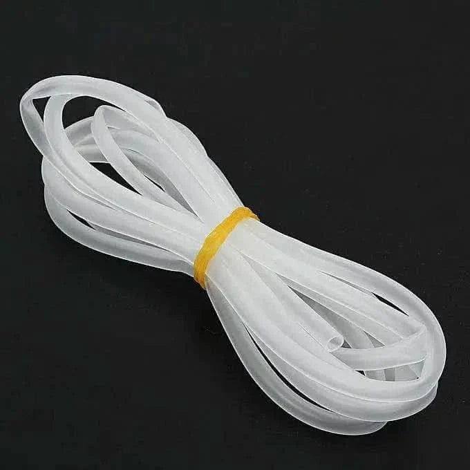 Coiled translucent tubing with yellow band.