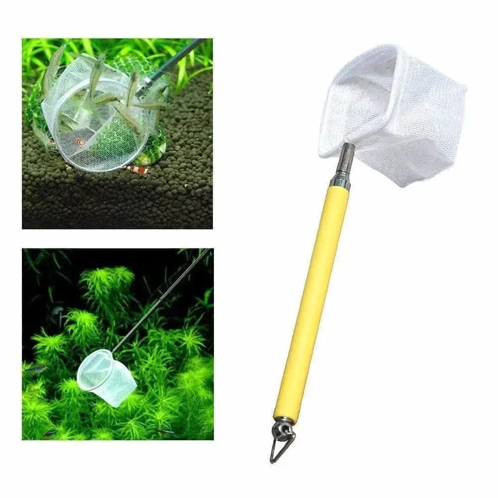 Aquarium fish net with yellow handle.