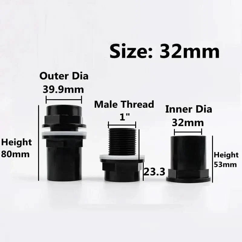Black plastic pipe fittings with dimensions.