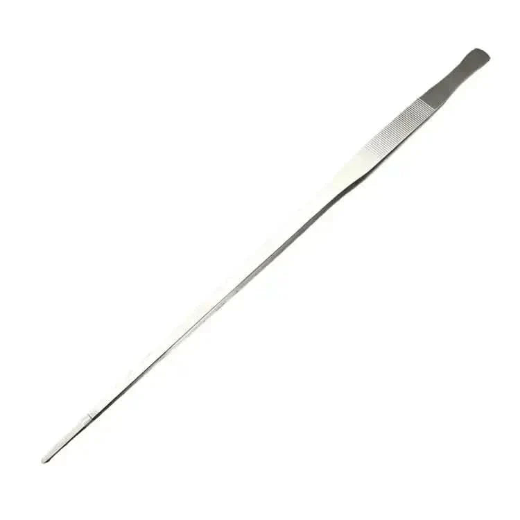 Long, stainless steel tweezers.