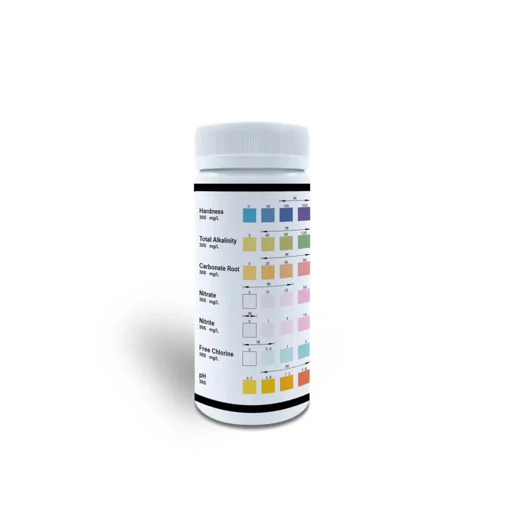 Water testing strips in a container.