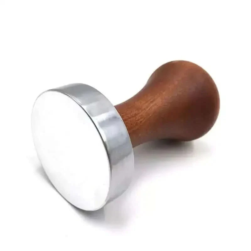 Espresso tamper with wooden handle.