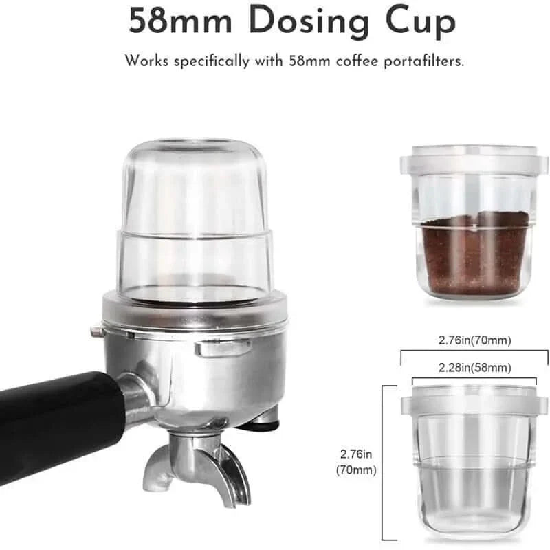 Espresso portafilter with dosing cup and dimensions.