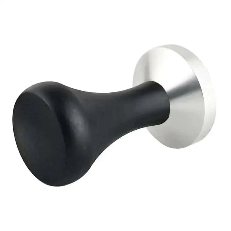 Black-handled, stainless steel coffee tamper.