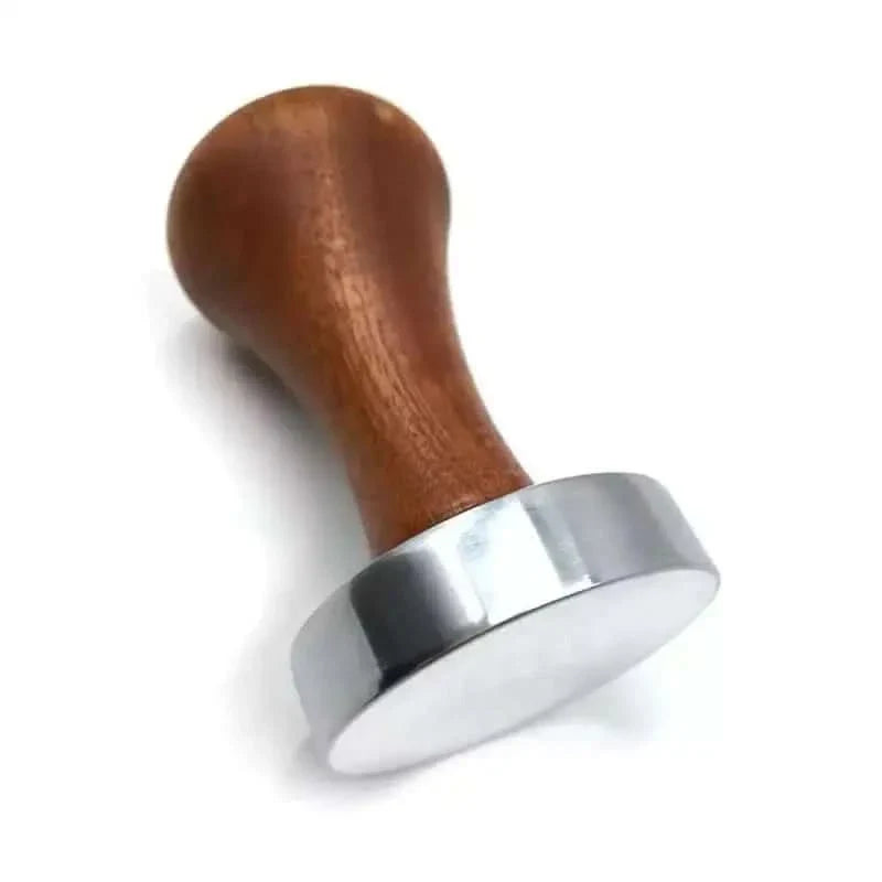 Espresso tamper with wooden handle.
