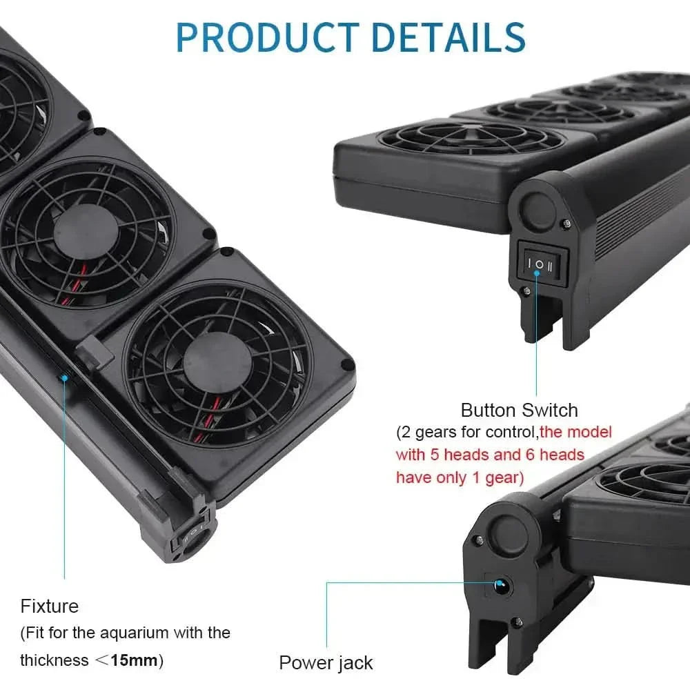 Aquarium cooling fan with adjustable fixture.
