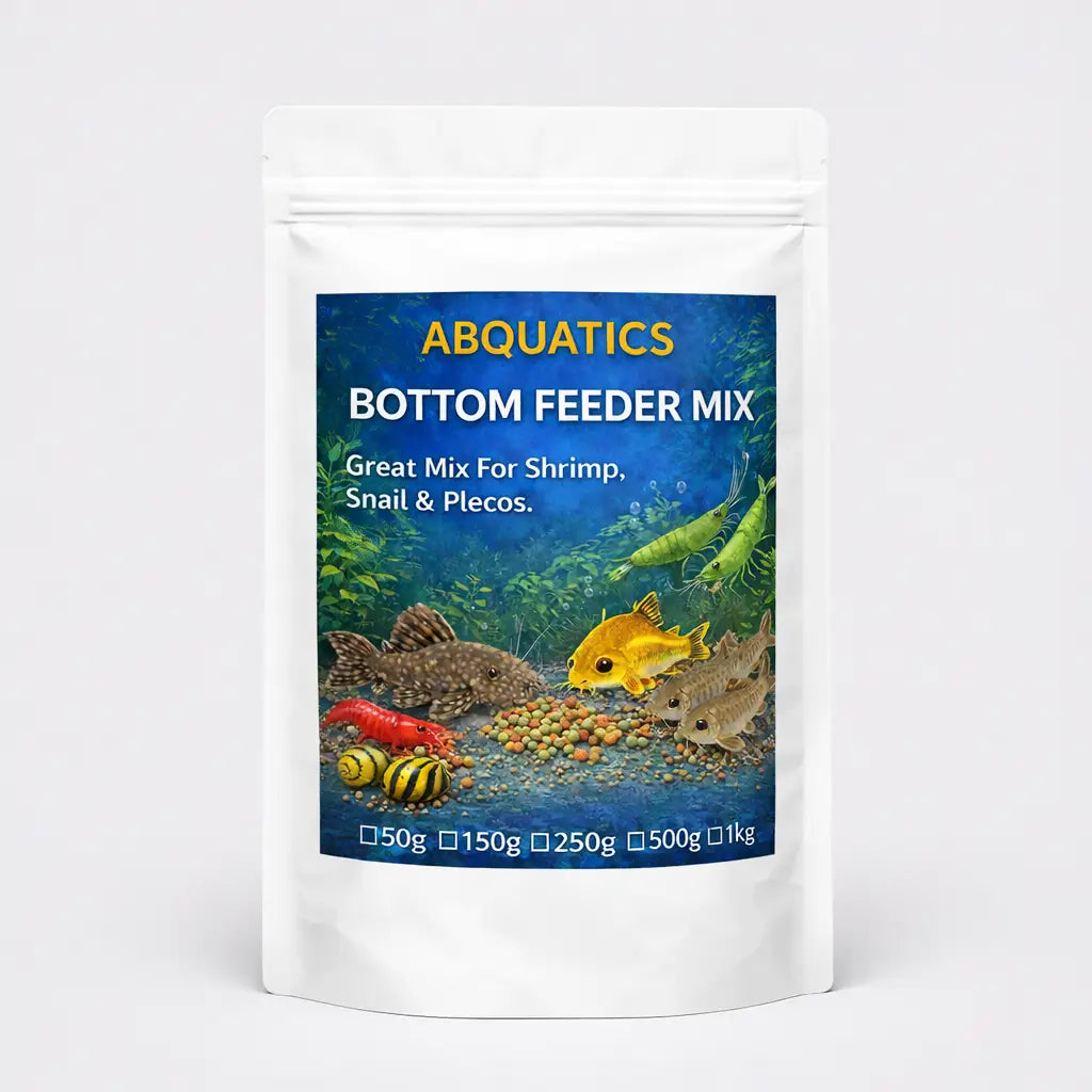 White resealable pouch of abquatics bottom feeder mix, featuring a blue label with illustrations of shrimp, snails, and fish.