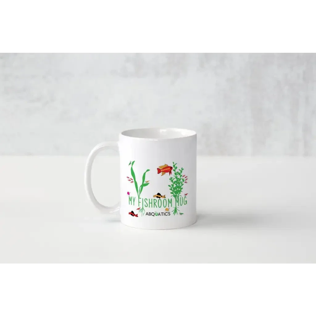 White mug with fish design.