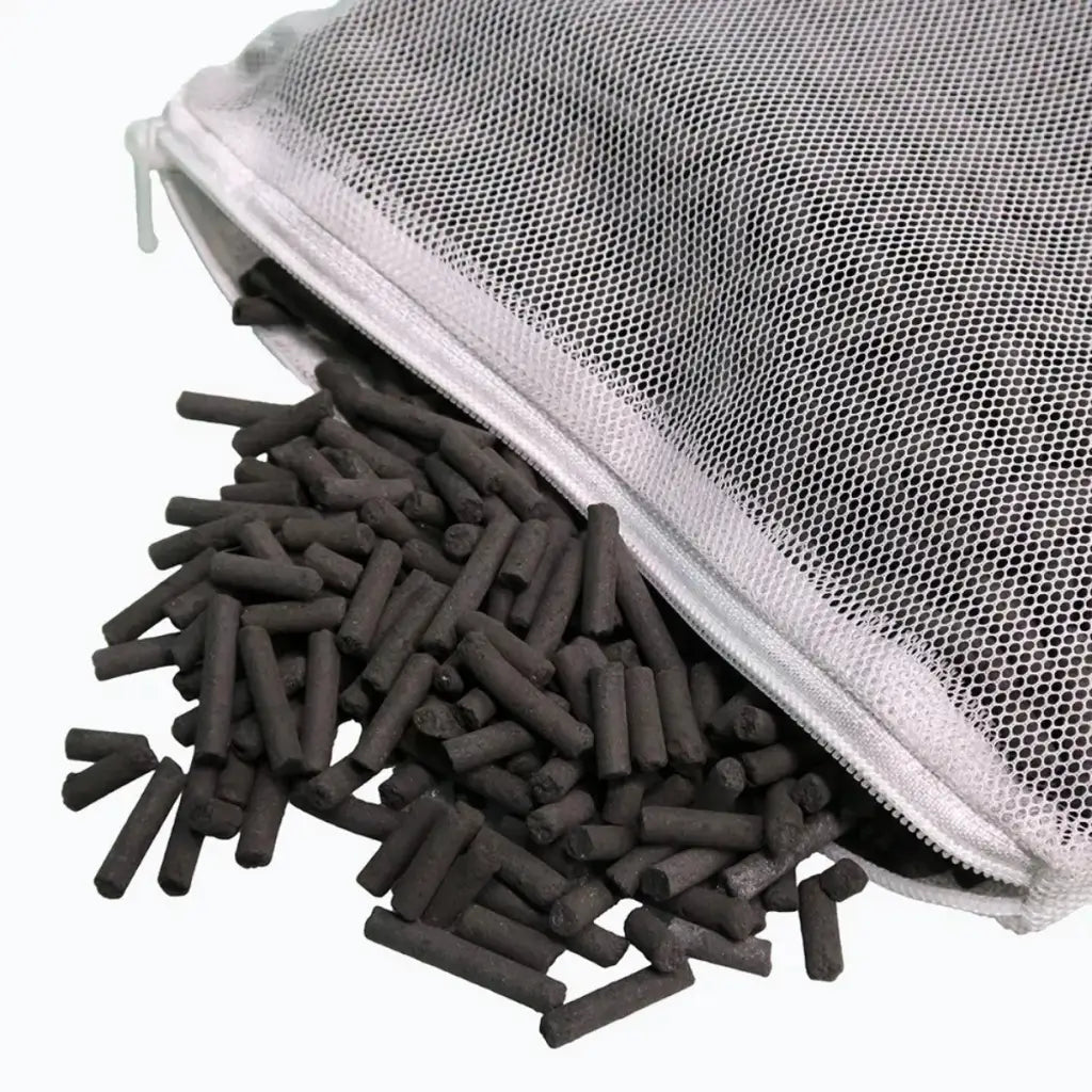 Activated carbon pellets in mesh bag.