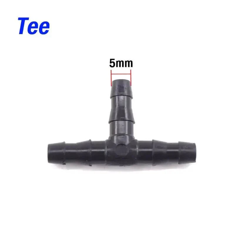 Black plastic barbed tee fitting.