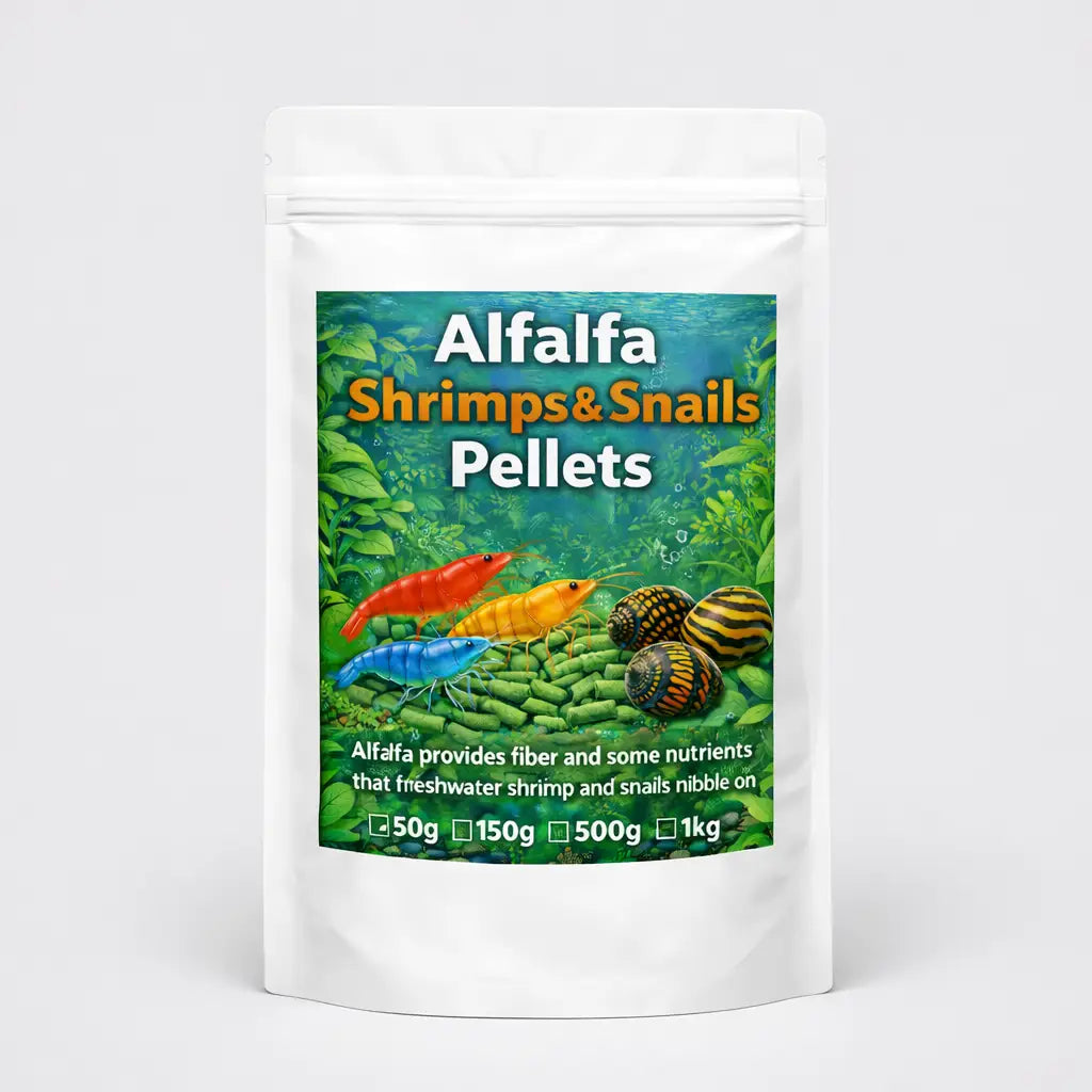 White resealable pouch of alfalfa shrimps & snails pellets, featuring a vibrant label with illustrations of colorful shrimp and snails against an aquatic backdrop.