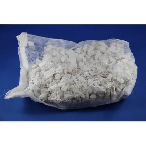 White rocks in a mesh bag.