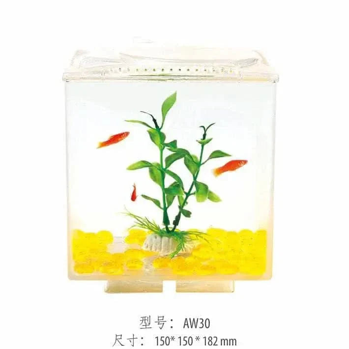 Small, clear fish tank with artificial plants and fish.