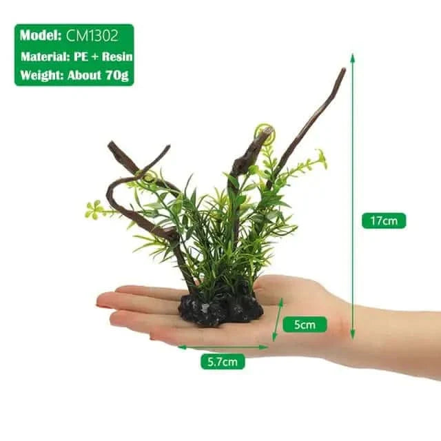 Artificial aquarium plant with dimensions.