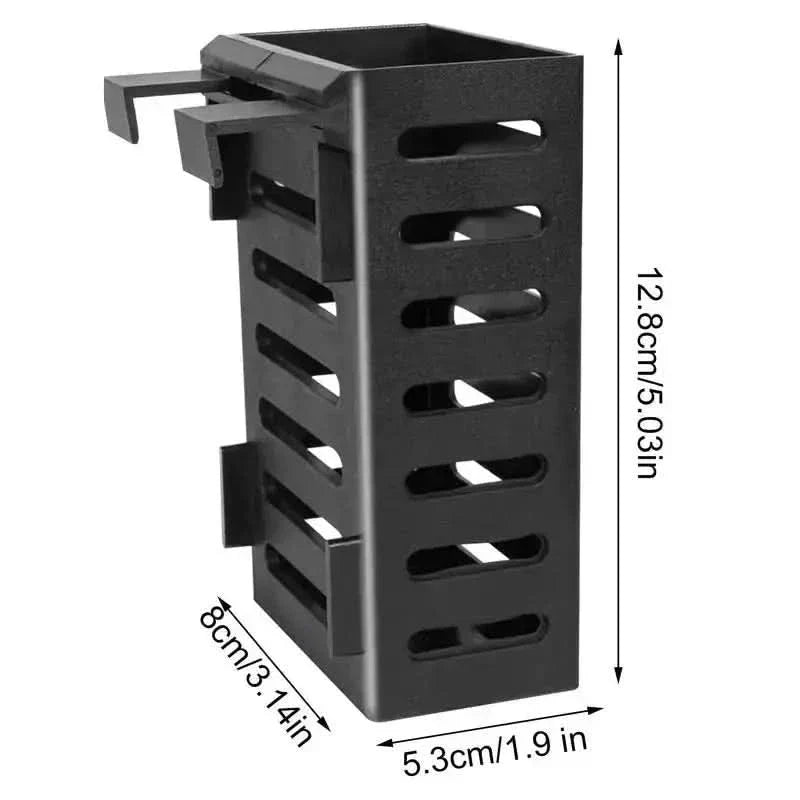 Black metal utensil holder with hanging hooks.