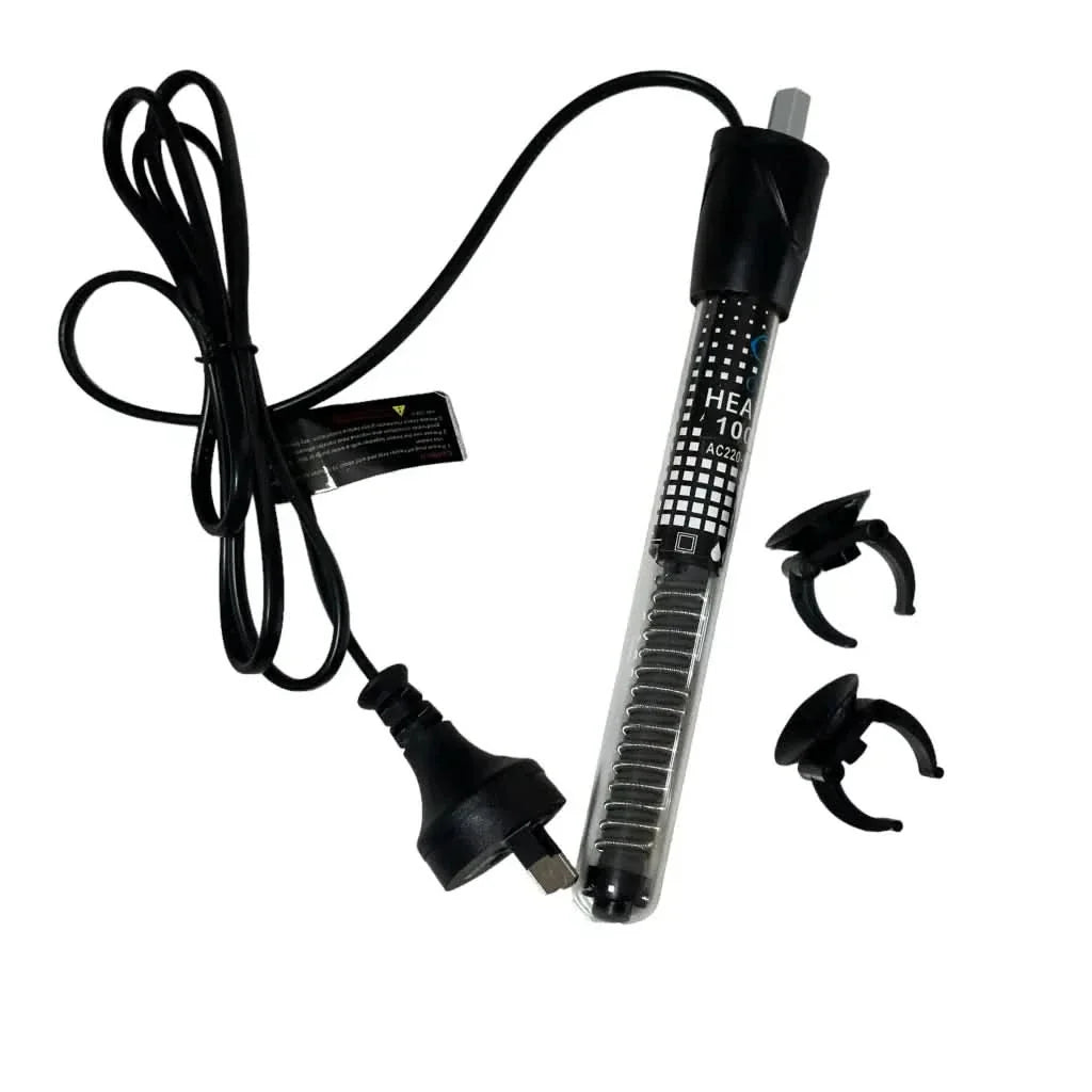 Aquarium heater with suction cups and power cord.