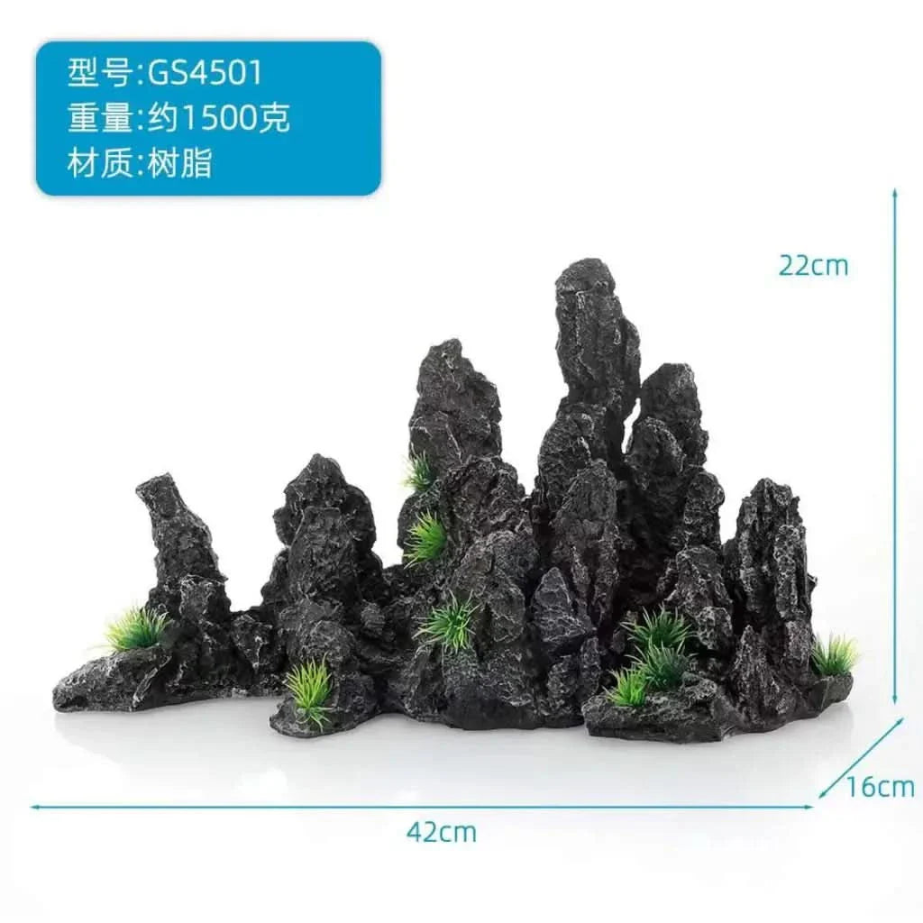 Resin aquarium rock formation with dimensions.