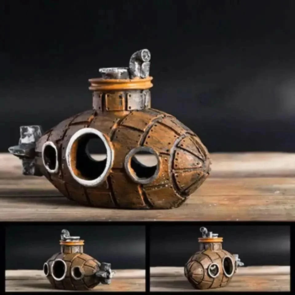 Steampunk-style submarine aquarium decoration.