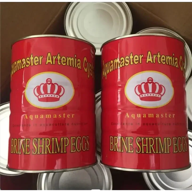 Red cans of brine shrimp eggs.