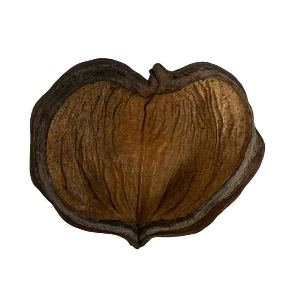 A rustic, heart-shaped nut shell with a dark brown outer layer and lighter, textured inner surface.