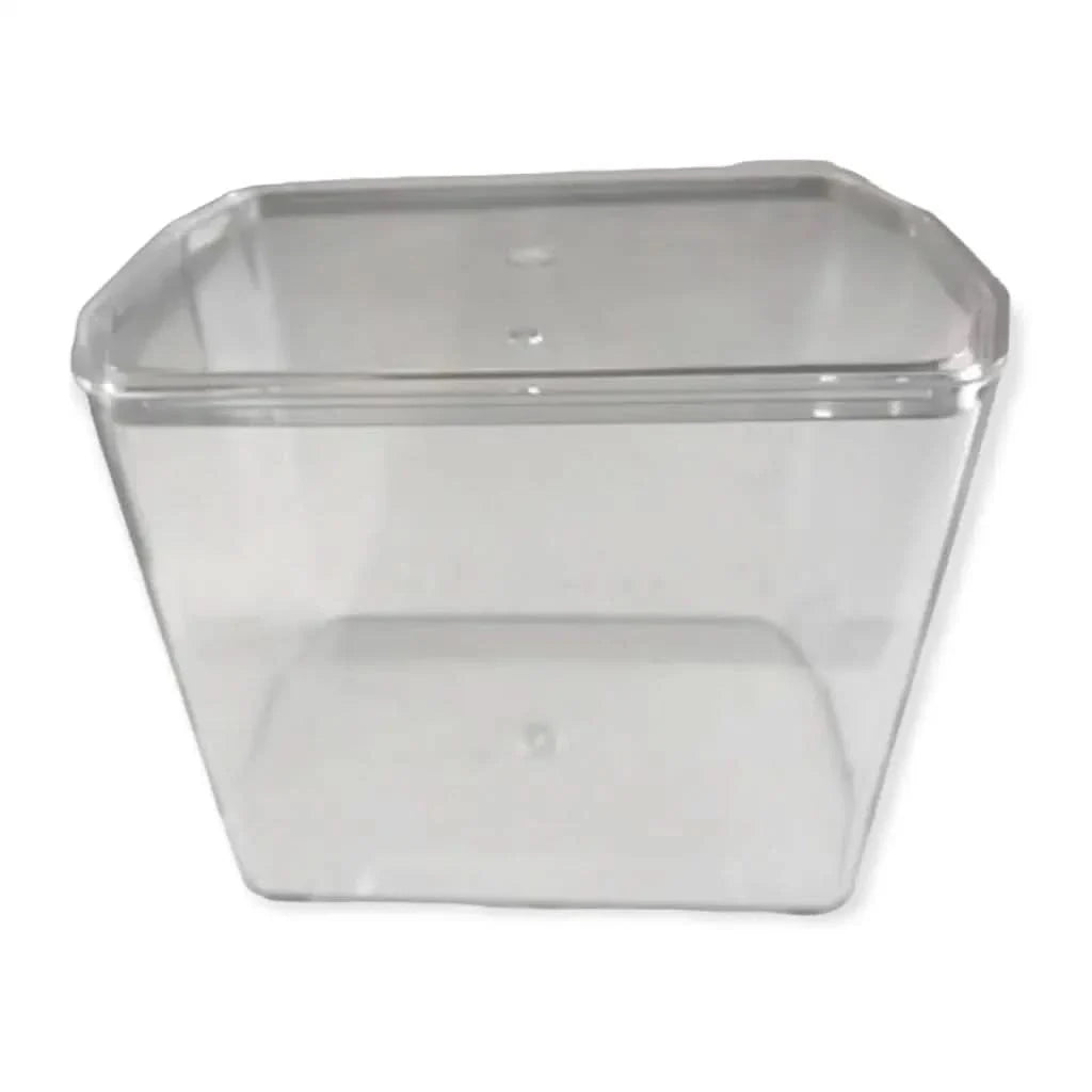 Clear plastic container with lid.