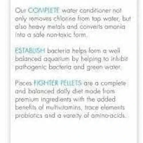 Aquarium product descriptions.