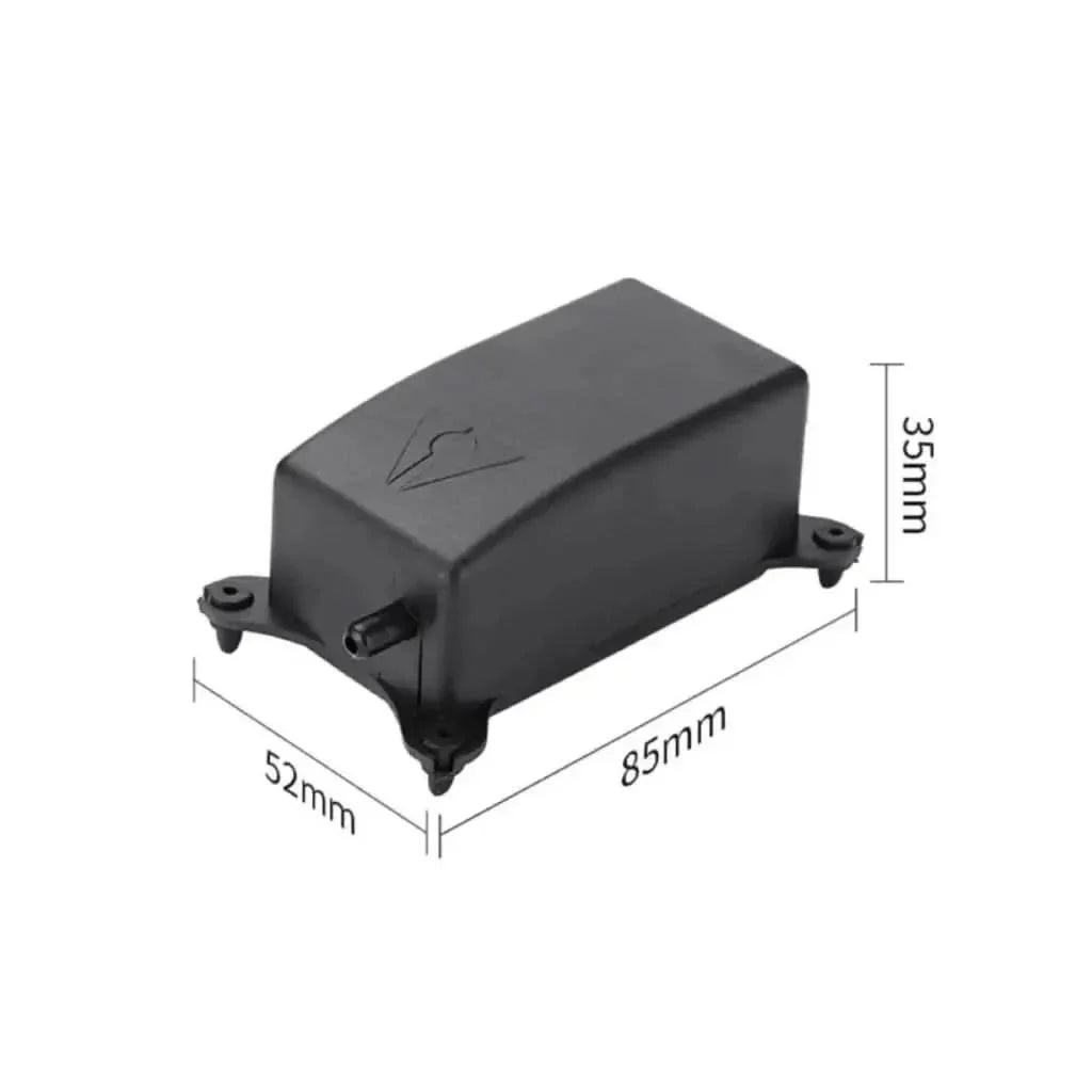 Black rectangular plastic box with dimensions.