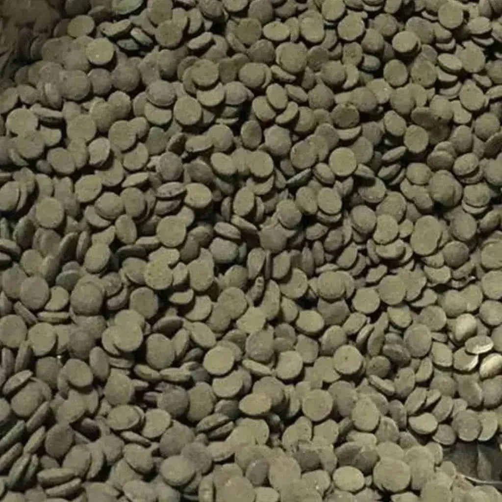 Pile of small, round, gray-green pellets.