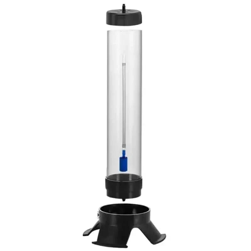 Disassembled clear plastic cylinder with black base and cap.