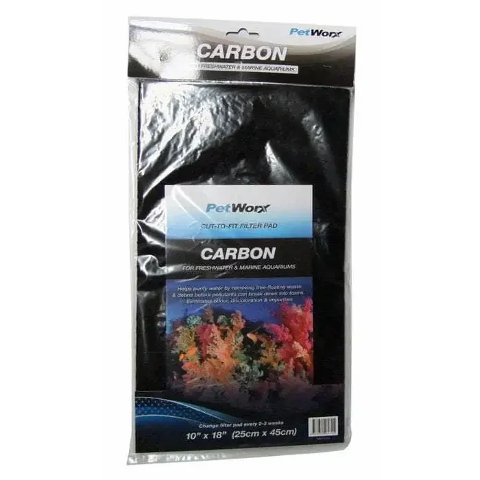 Packaged carbon aquarium filter pad.