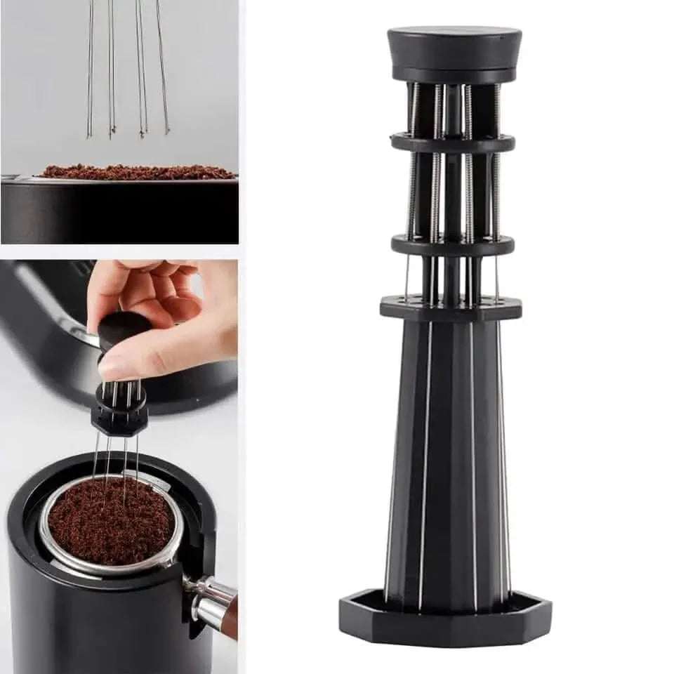 Espresso coffee distribution tool and stand.