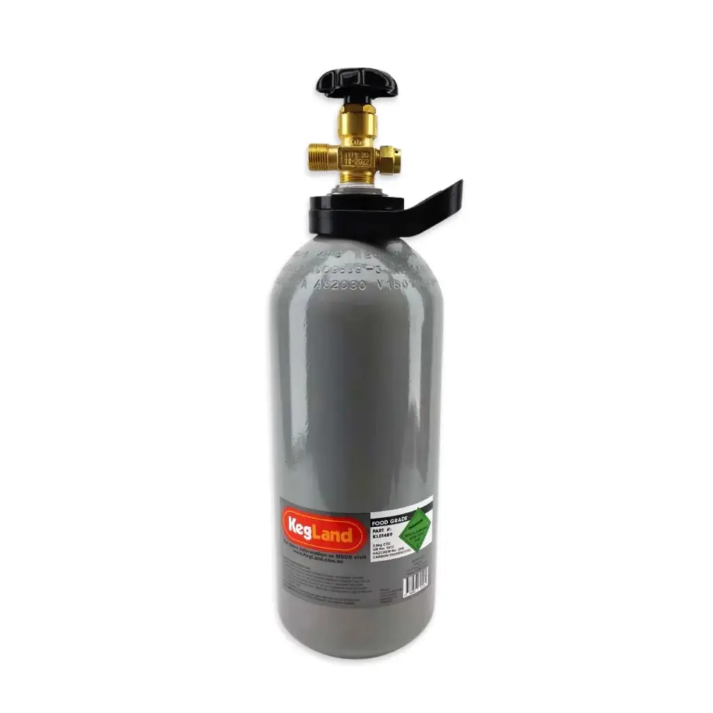 Gray kegland co2 tank with a black and brass valve assembly.