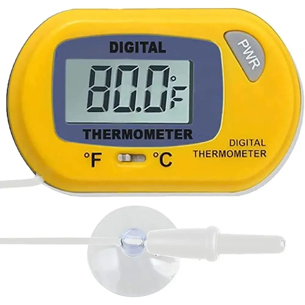Yellow digital thermometer with probe.