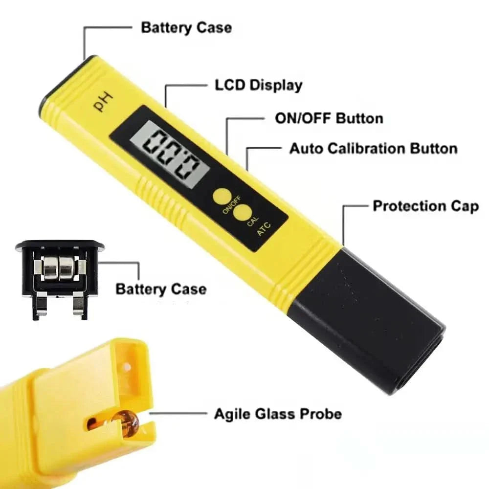 Yellow digital pH meter with labeled components.