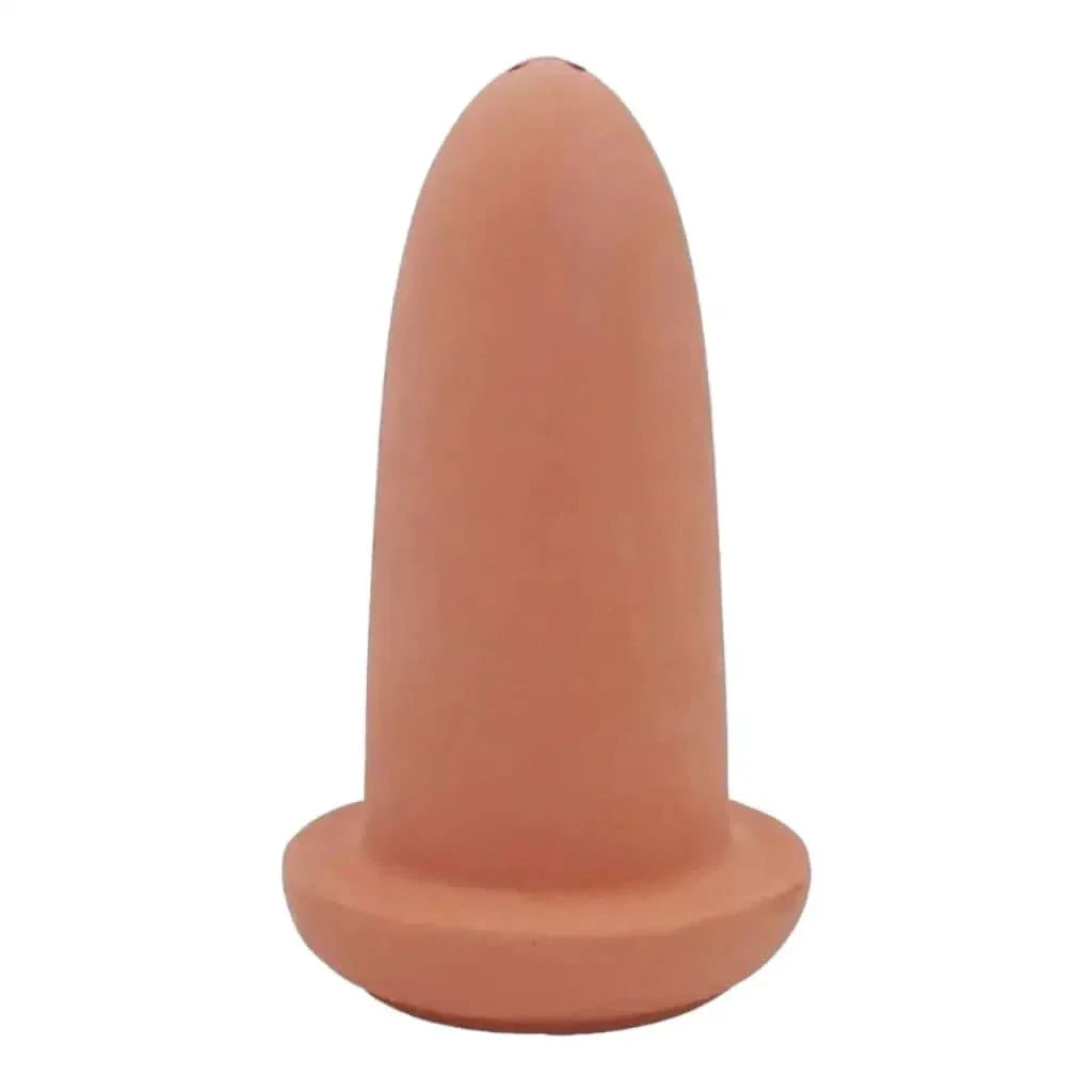 Peach-colored, rounded, silicone plug.