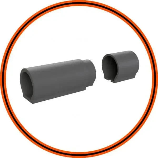 Two gray, cylindrical, split-sleeve connectors.