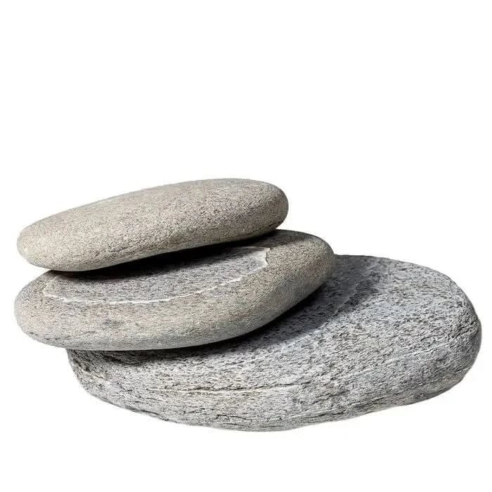 Stacked gray river stones.