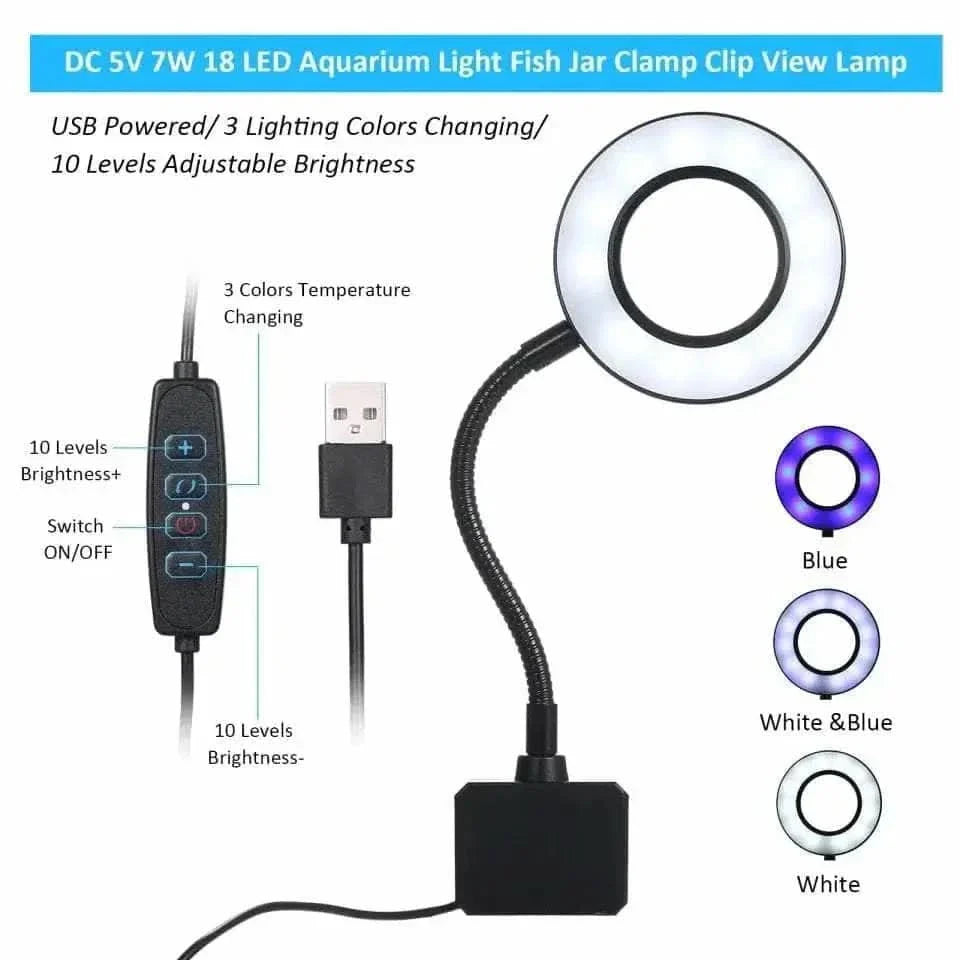 Adjustable LED aquarium light with clamp.