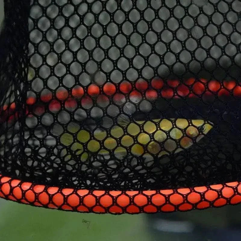 Black mesh net with orange trim.