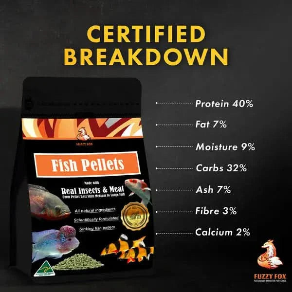 Bag of fish pellets with a nutritional breakdown.