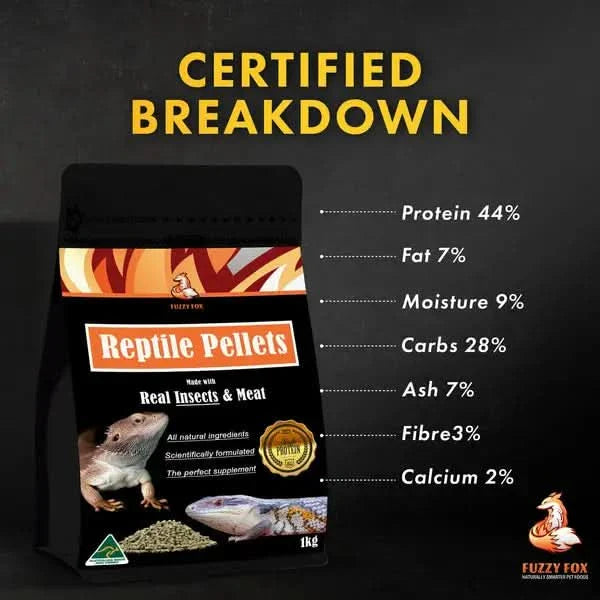 Bag of reptile pellets with nutritional information.