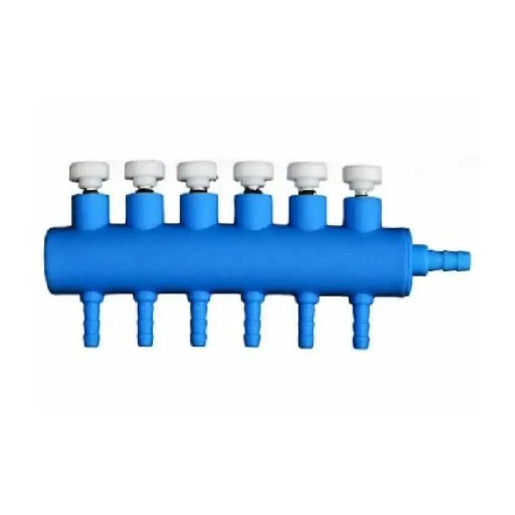 Blue plastic manifold with six valves.