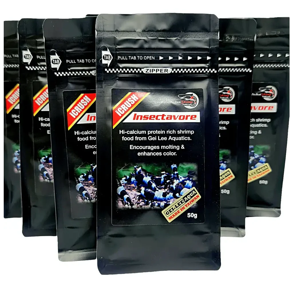 Black pouches of shrimp food.
