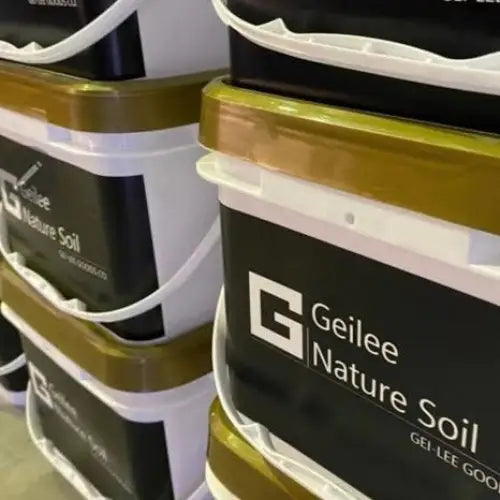 Geilee nature soil container with gold and black label, white lid.