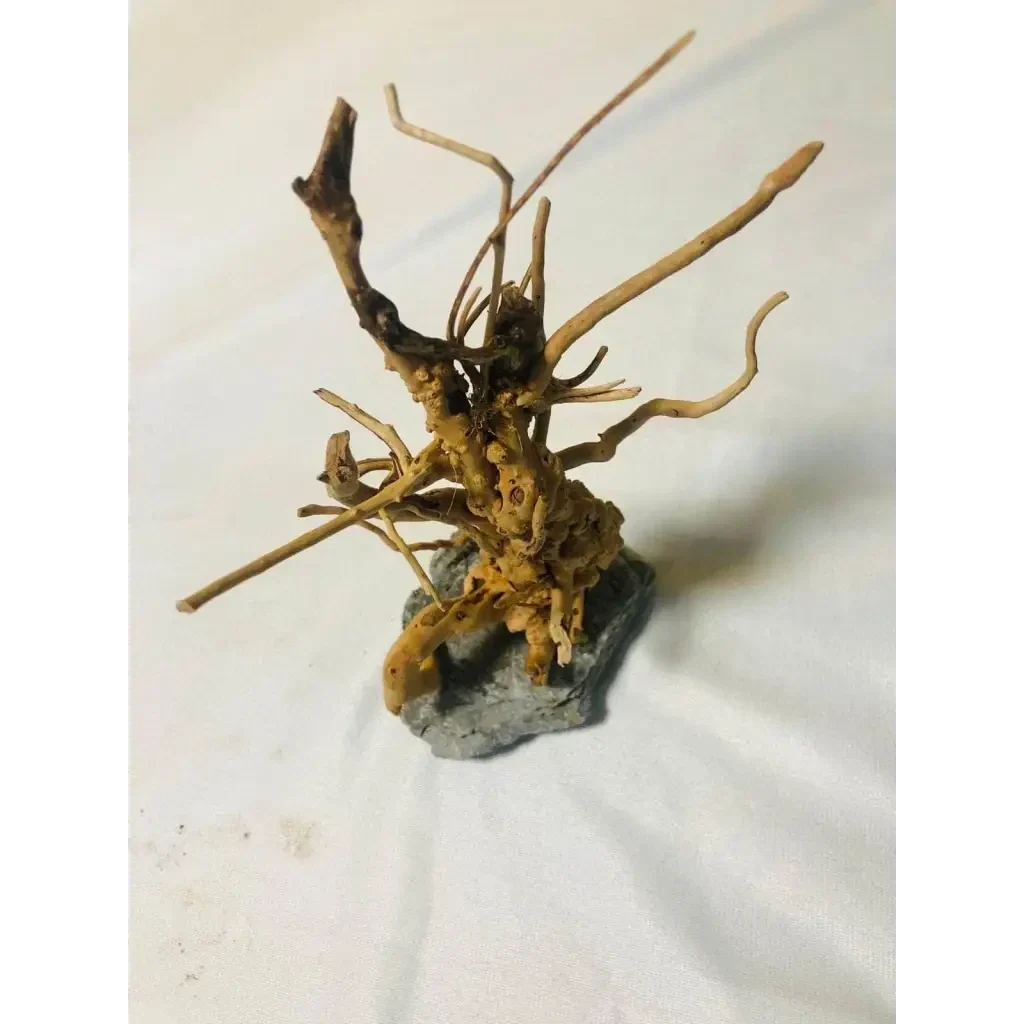Intricate driftwood sculpture on a gray stone base.