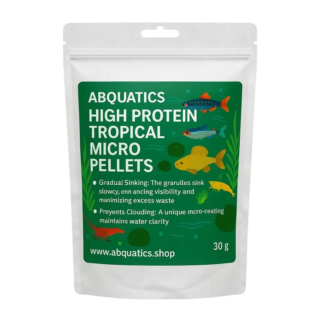 Pouch of high-protein tropical fish food micro pellets