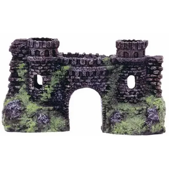 Mossy stone castle aquarium decoration.