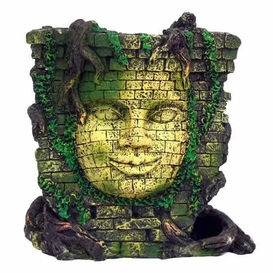 Moss-covered brick face planter.