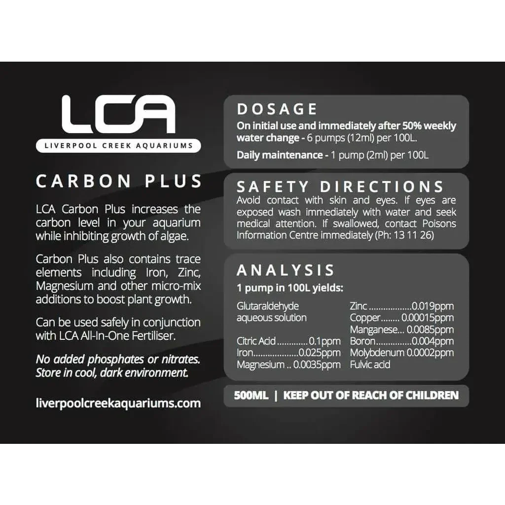 LCA Carbon Plus aquarium plant fertilizer label.